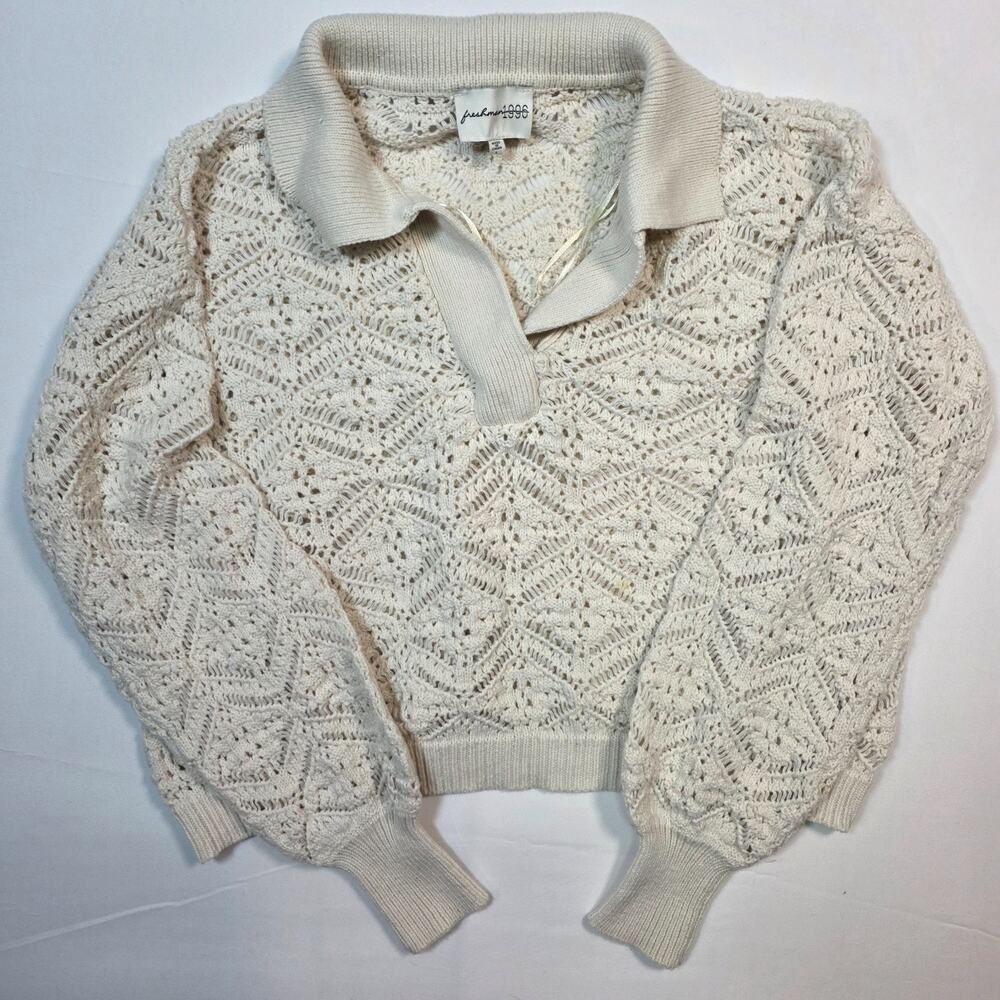 Freshman 1996 Crochet Polo Sweater L Open Knit Grannycore Cottage Boho Neutral